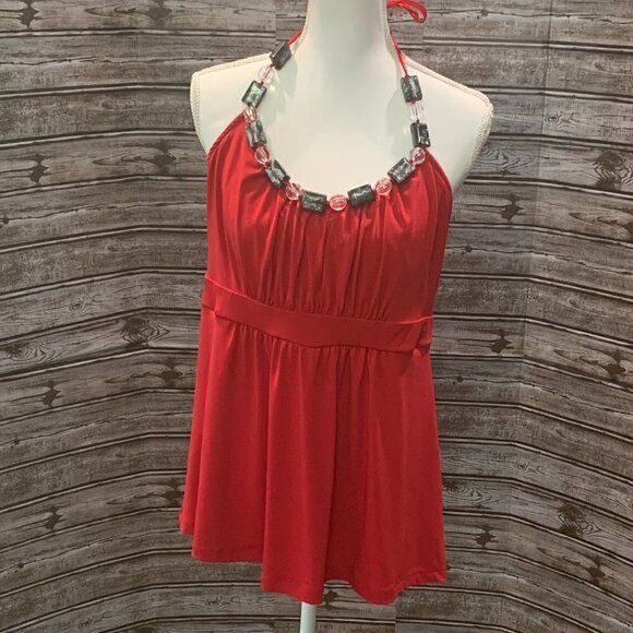 🔥🔥SALE🔥🔥STYLE & CO Bright Red Beaded Neck Sleeveless Top - Picture 2 of 5